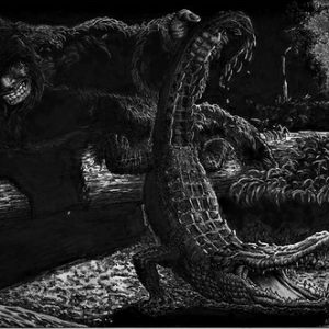 Bigfoot holding an aligator by the tail